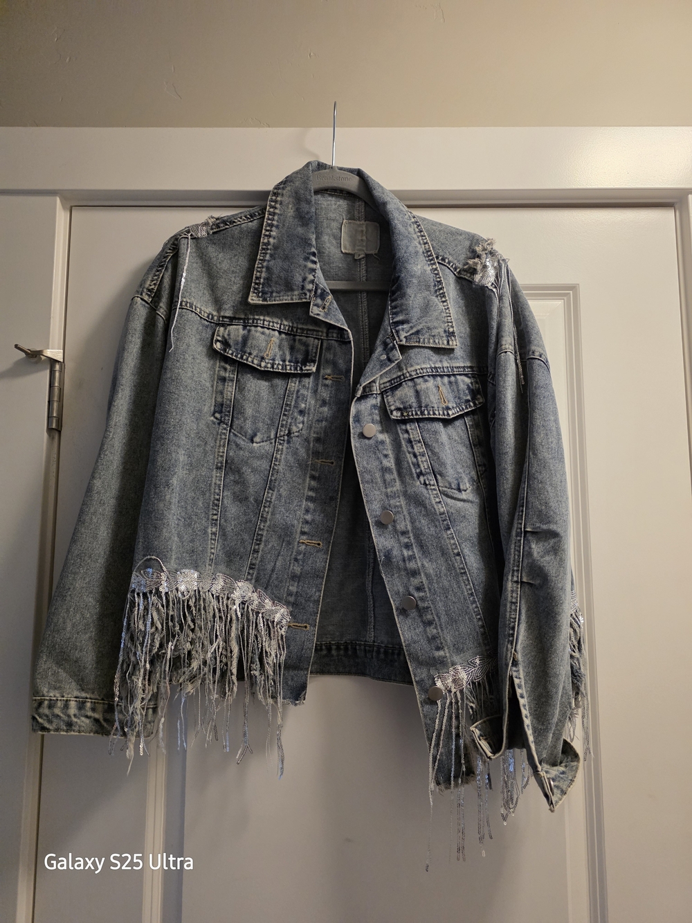 Light Wash Fringe Denim Jacket - Women's